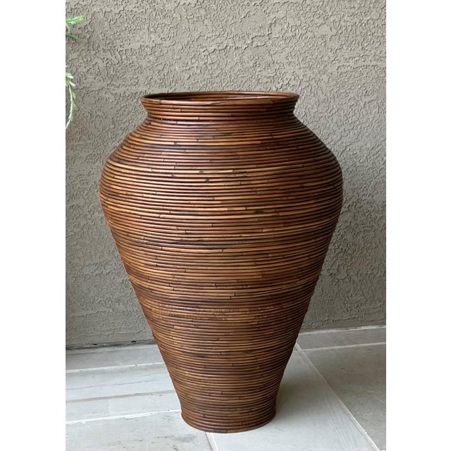 Late 20th-Century Gabriella Crespi-Style Pencil Reed Rattan Pithos-Shape Floor Vase For Sale - Image 17 of 18