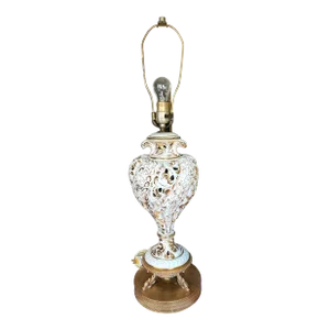 1950's White and Gold Reticulated Porcelain Capodimonte Cherubs and Brass Dolphins Lamp