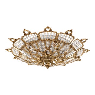 1960s Brass Crystal Flush Mount Ceiling Light For Sale
