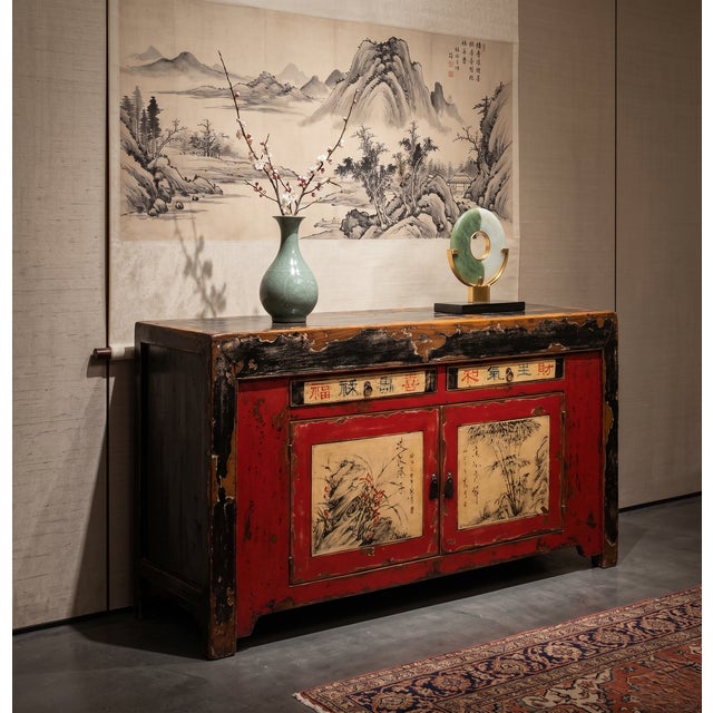 Red Unique Antique Chinese Sideboard With Distressed Character - Chinoiserie Design For Sale - Image 8 of 14