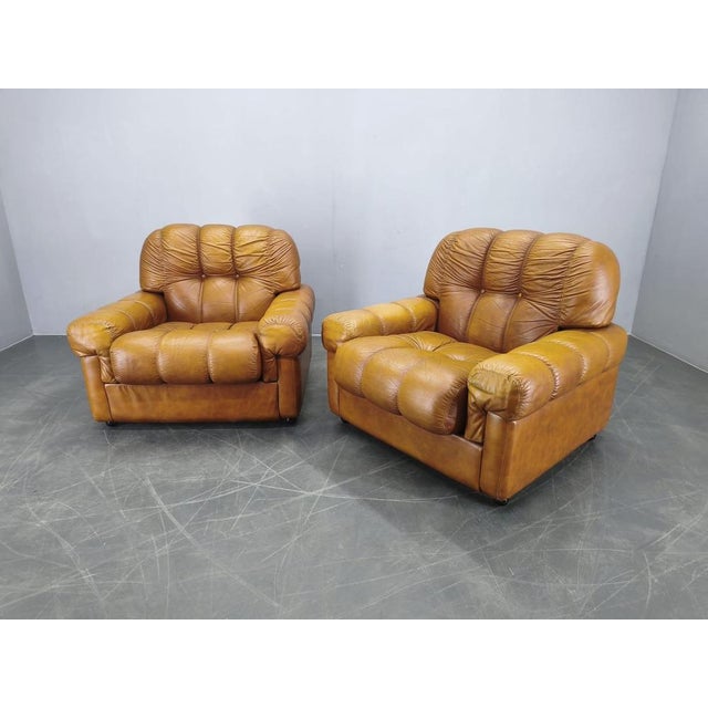 Mid-Century Italian Cognac Leather Lounge Armchairs, 1970s, Set of 2 For Sale - Image 4 of 12