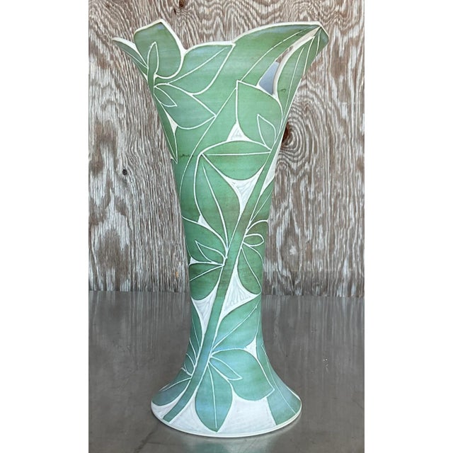 Ceramic Vintage Palm Leaf Engraved Vase For Sale - Image 7 of 7