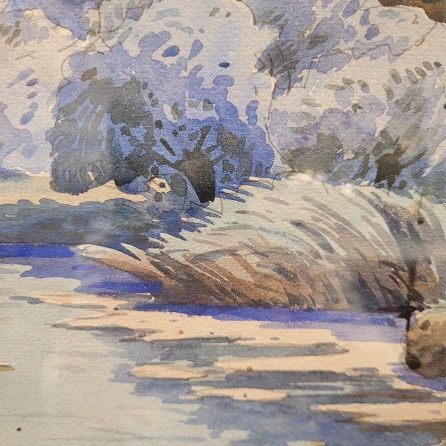 French Artist, Landscape in Blue, 1980s, Watercolor For Sale - Image 11 of 16