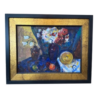 Joseph Puchinskiy Oil Painting on Canvas Still Life W/ Blue Vase of Flowers C. 1959 For Sale