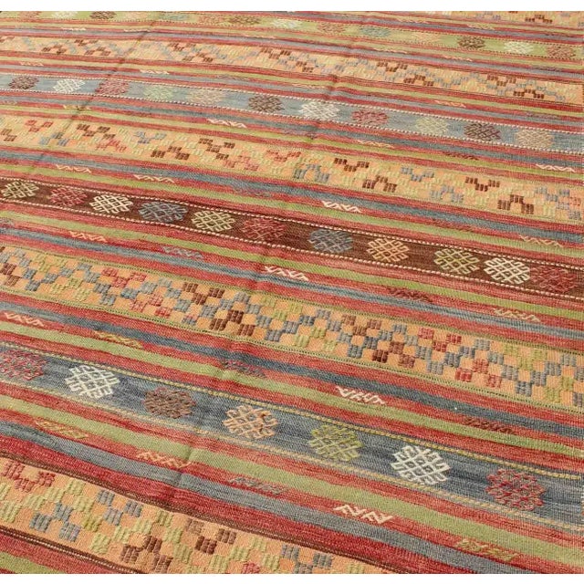 Mid 20th Century Mid 20th Century Large Multicolored Vintage Turkish Kilim Rug With Geometric Shapes and Stripes Design For Sale - Image 5 of 13