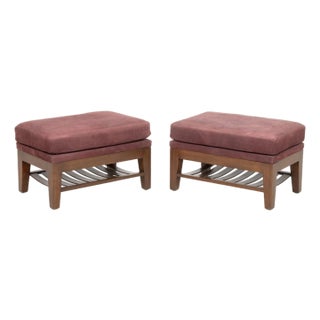 Burgundy Suede Upholstered Ottomans, Pair For Sale