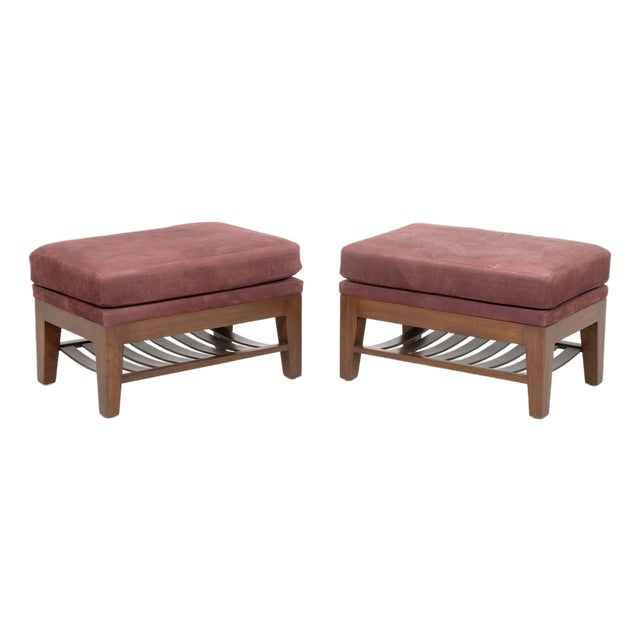 Burgundy Suede Upholstered Ottomans, Pair For Sale