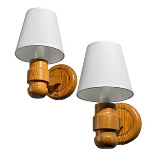 Solbackens Svarveri, Wall Lights, Pine, Fabric, Sweden, 1960s For Sale