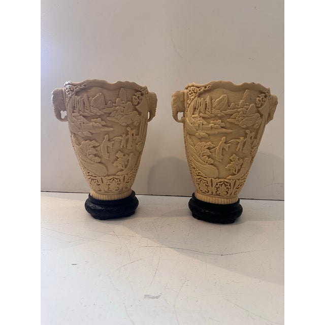 Pair of Carved Composite Elephant Vases on Black Bases For Sale - Image 9 of 10