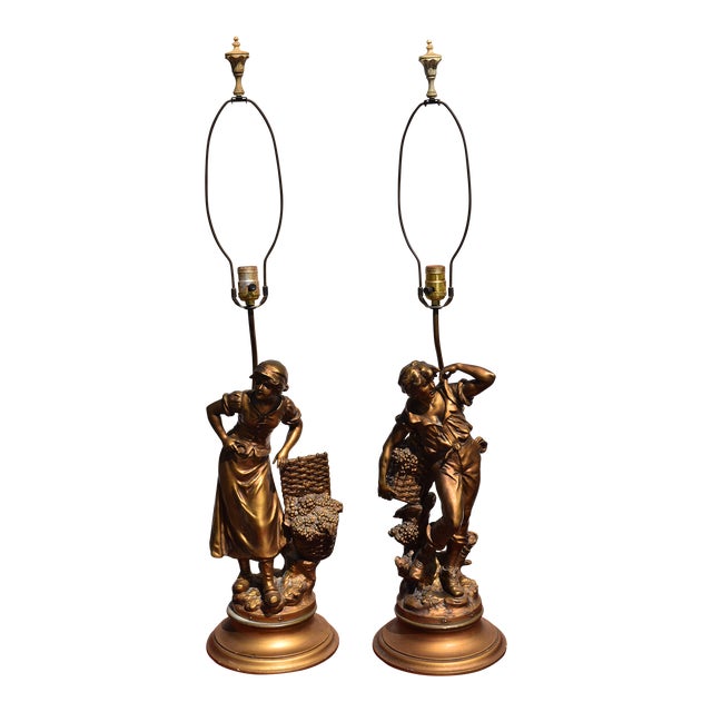 1950s Pair L&F Moreau Art Nouveau Brass Spelter Lamps For Sale