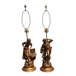1950s Pair L&F Moreau Art Nouveau Brass Spelter Lamps