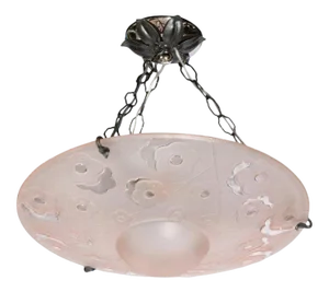 Art Deco Cubist Signed Degué Rose Glass with Oil Rubbed Bronze Fittings Chandelier