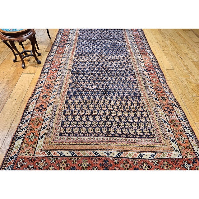 19th Century Persian Kurdish Gallery Rug, Hand-Knotted Wool, Allover Paisley Pattern, Navy & Terracotta, 6x15 For Sale - Image 11 of 18