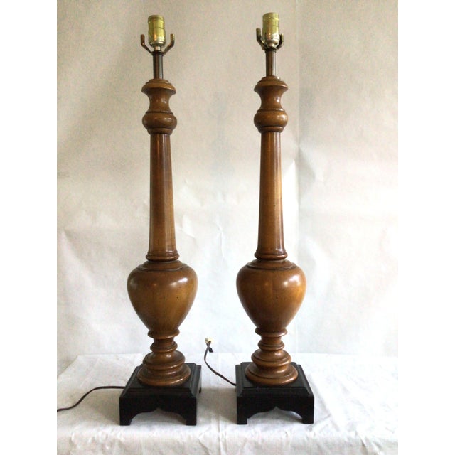 1960s Wooden Lamps on Black Wood Base - A Pair For Sale - Image 4 of 9