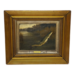 Victorian Angling Fishing Oil Painting Pike Fish Caught by Gaff Pole Signed Arthur Roland Knight C1890