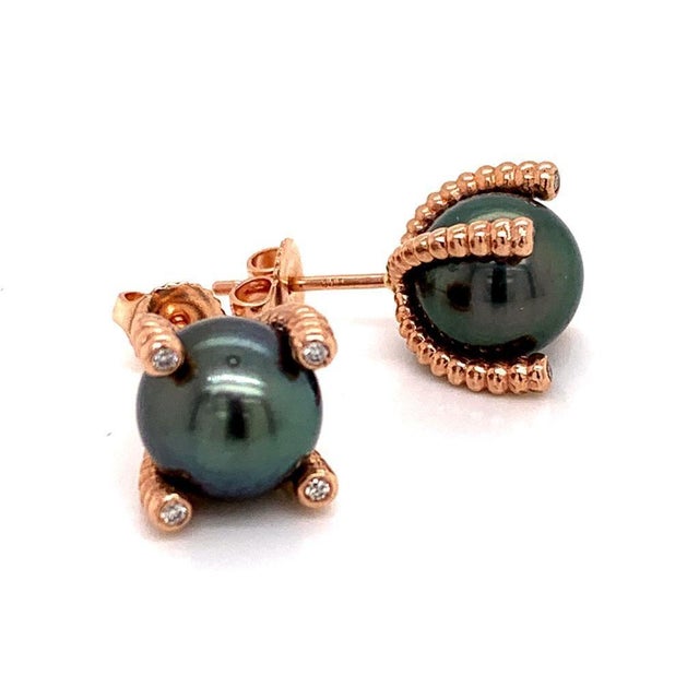 Diamond Large Tahitian Pearl Earrings 14k Rose Gold Certified For Sale - Image 13 of 14