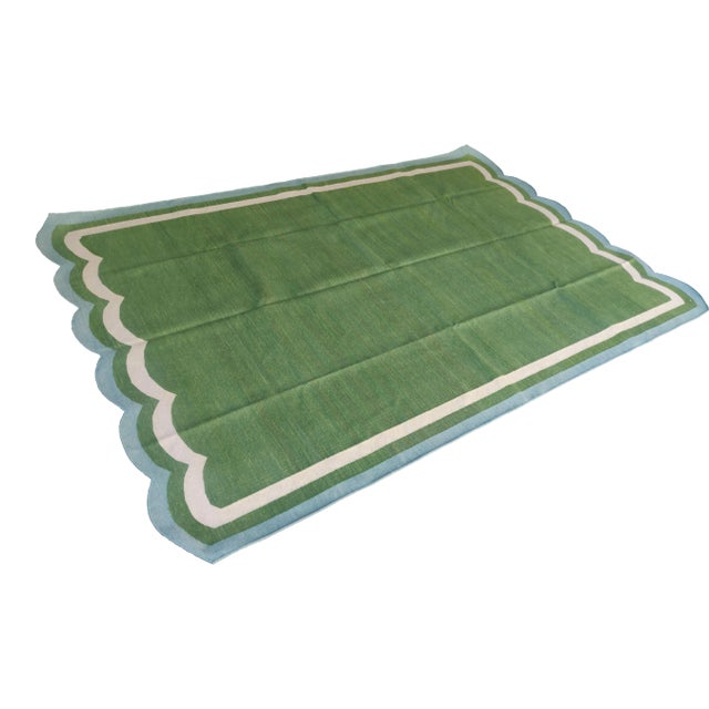 Handmade Cotton Scalloped Rug, Moss Green with Cream and Light Blue Border 8'x10' For Sale