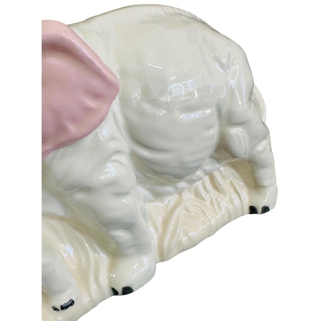 White Vintage 1970s Ceramic Elephant Mother & Baby Figurine | Lucky Trunks Up Decor | White & Pink Porcelain Collectible | Mid Century Animal Statue For Sale - Image 8 of 11