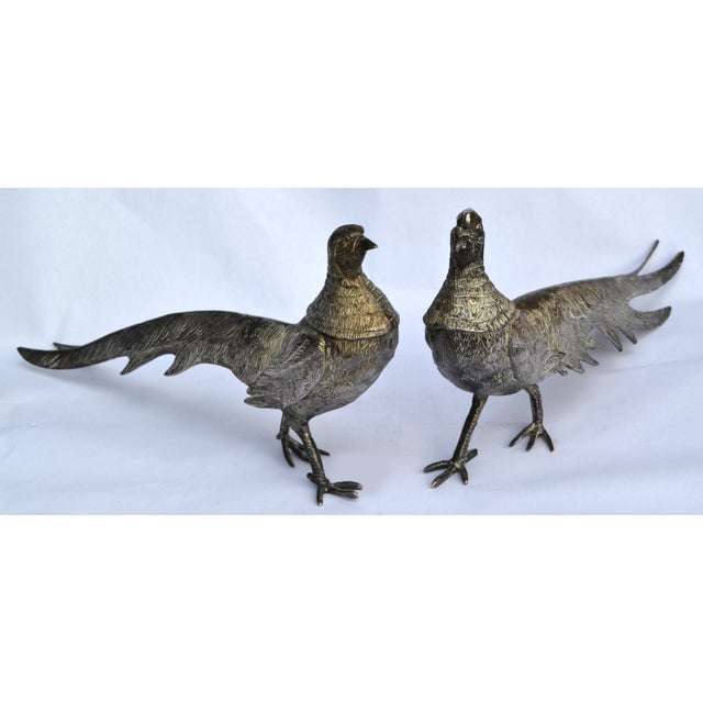 20th Century Silvered Bronze Set 2 Pheasant Animal Sculptures Figurines Italy For Sale - Image 12 of 12