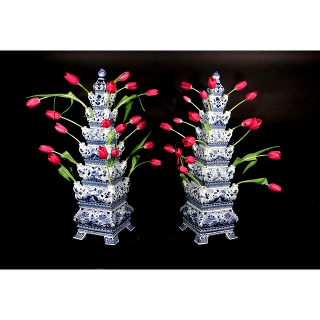 Monumental Flora: Pair of Vintage Blue & White Tulip Vase Pyramids For Sale - Image 10 of 12