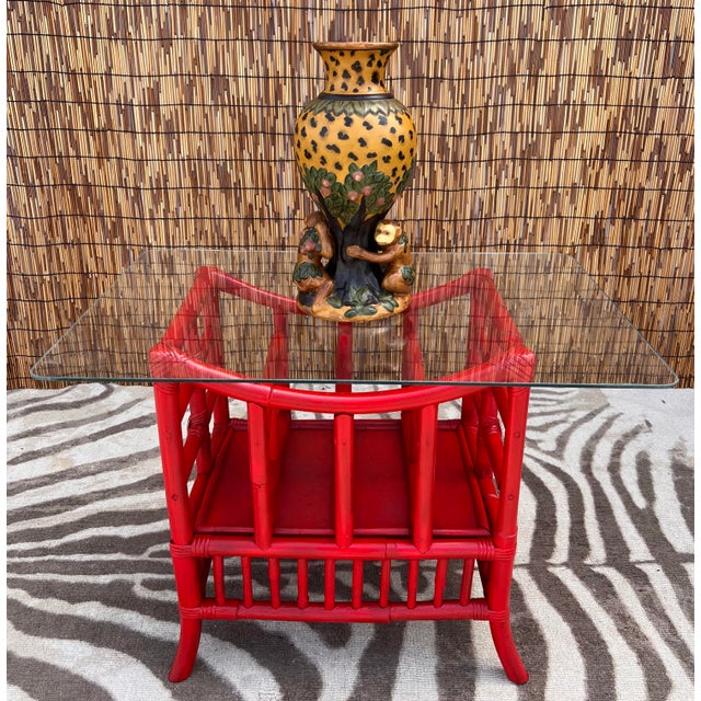 Vintage Hollywood Regency Newly Painted Red Bamboo Magazine Rack For Sale - Image 9 of 9
