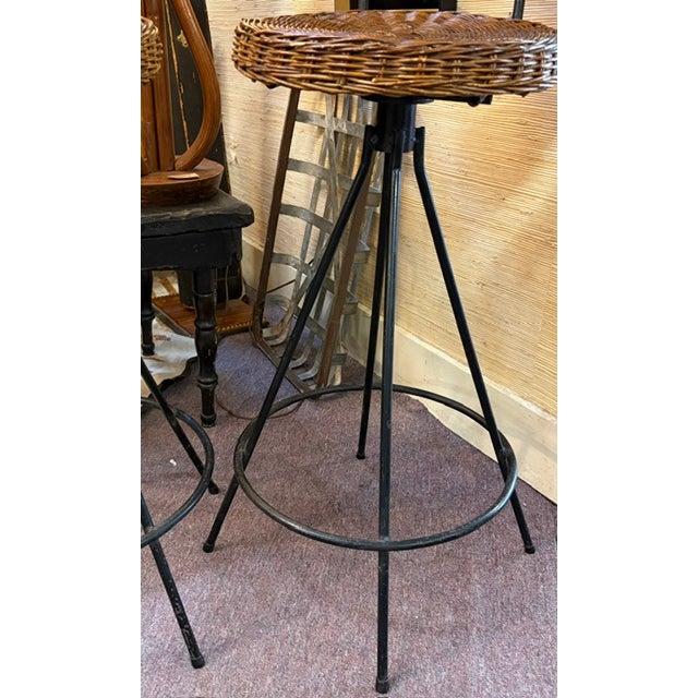 Brown Mid Century Danny Ho Fung Style Wrought Iron Rattan Barstools, Counter Stools For Sale - Image 8 of 9