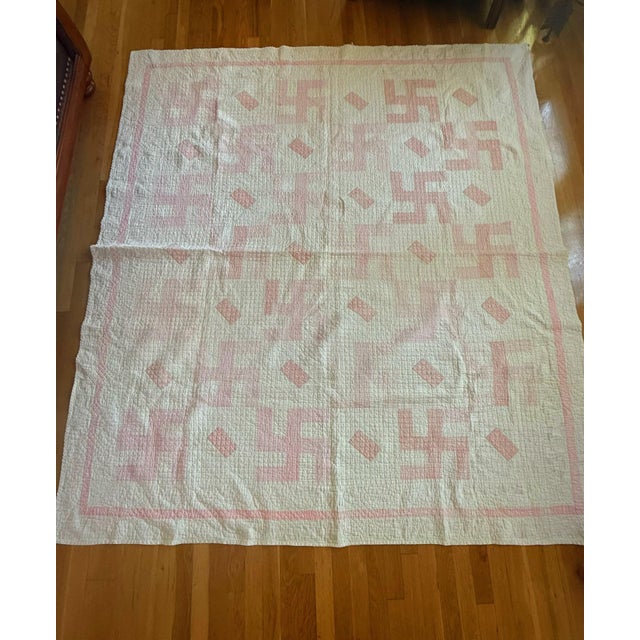 Light Pink Antique 1920's Whirling Log Quilt Floursack Utility Quilt For Sale - Image 8 of 12