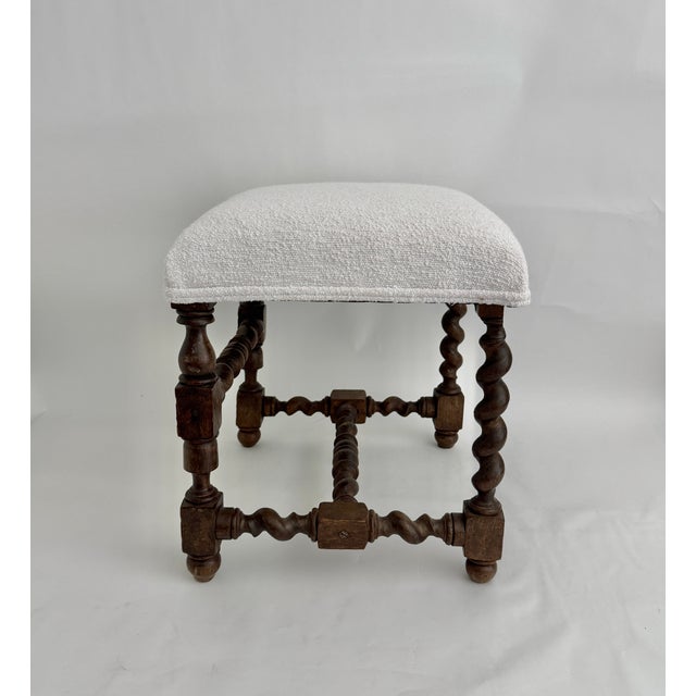White 19th C French Louis XIII Style Walnut Stool W/ New Boucle Textile For Sale - Image 8 of 15