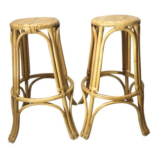 Vintage Boho Chic Rattan and Wicker Bar Stools - a Pair For Sale