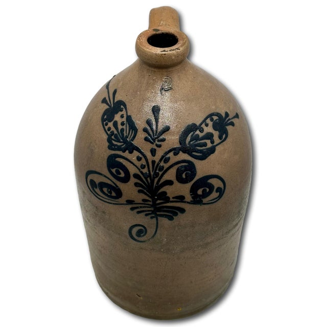 Mid 19th Century Great Mid 1800s Antique American 2 Galllon Stoneware Jug With Bold Artiscally Hand Decorated Navy Blue Flower Design For Sale - Image 5 of 18