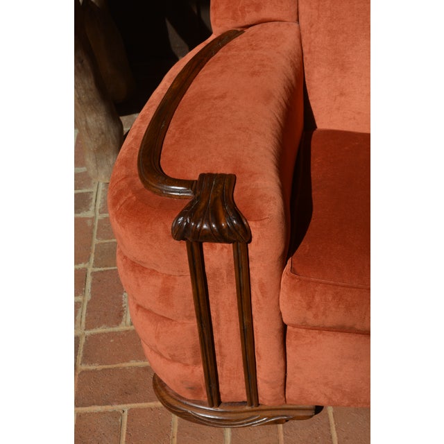 Mid-Century Modern 1950s Art Deco Large Orange Club / Accent Arm Chair With Wood Trim & Rounded Ribbed Sides For Sale - Image 3 of 15