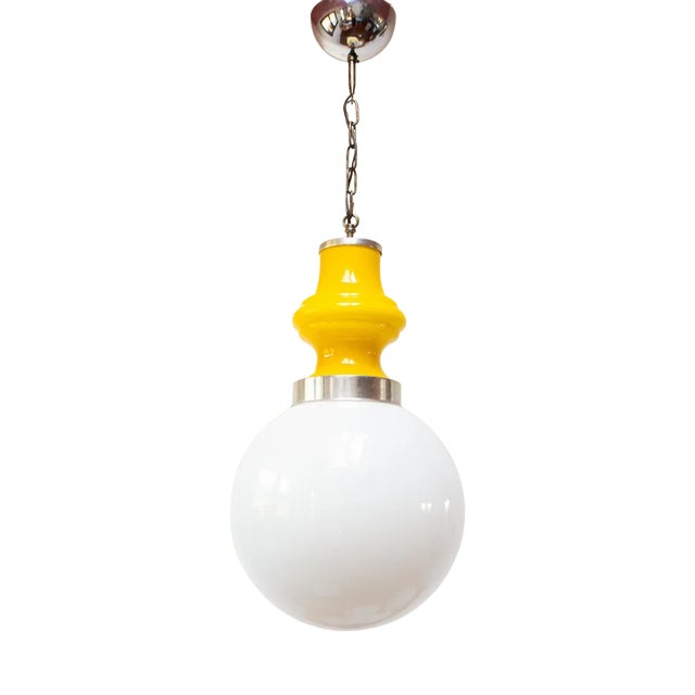 Yellow and White Opaline Glass Pendant, 1960s For Sale