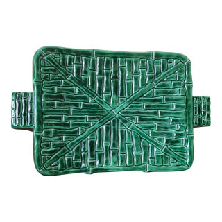 Mid Century California Majolica Green Pottery Tray Bamboo Motif MCM For Sale