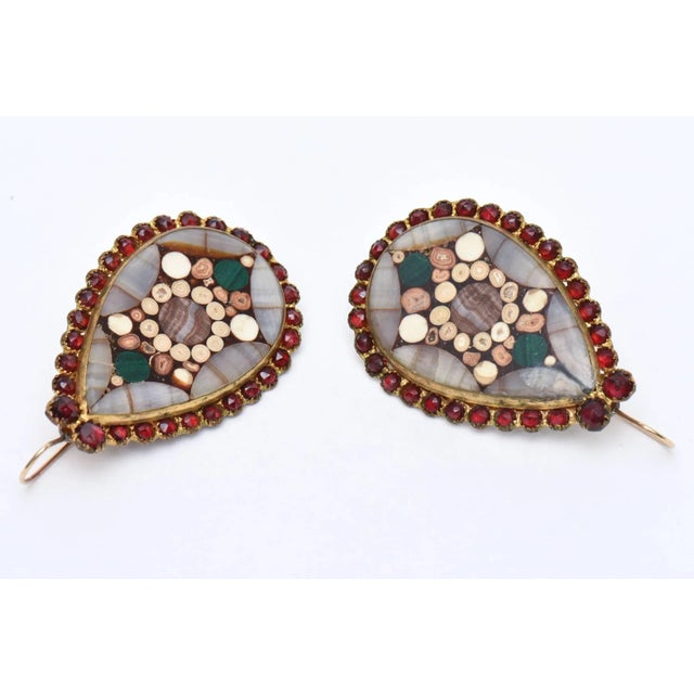 Gemstone Vintage Inlay Agate, Quartz, Stone Garnets Dangle Drop Pierced Earrings 1950's Pair Of For Sale - Image 7 of 8