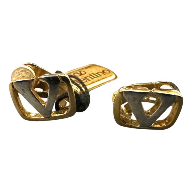 1980s Logo Gilted Metal Clip on Earrings by Valentino Garavani For Sale