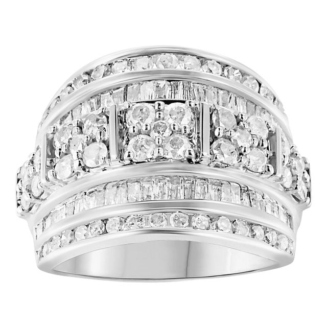 .925 Sterling Silver 2.0 Cttw Round & Baguette Cut Diamond Multi-Row Channel Set Tapered Cocktail Fashion Ring - Size 8 For Sale