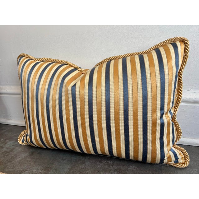 Gold Striped Blue and Gold Down-Filled Lumbar Pillow With Cord Edge For Sale - Image 8 of 8