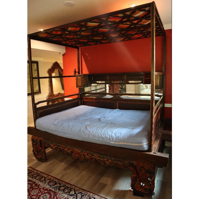 Wood Ornate Hand Carved Chinese Canopy Wedding Bed With Mirrored Sideboard For Sale - Image 7 of 15