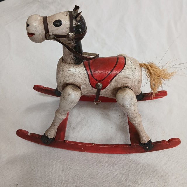 1970s 1979 Enesco Musical Wooden Rocking Horse Music Box Toy Land Works Repaired For Sale - Image 5 of 12