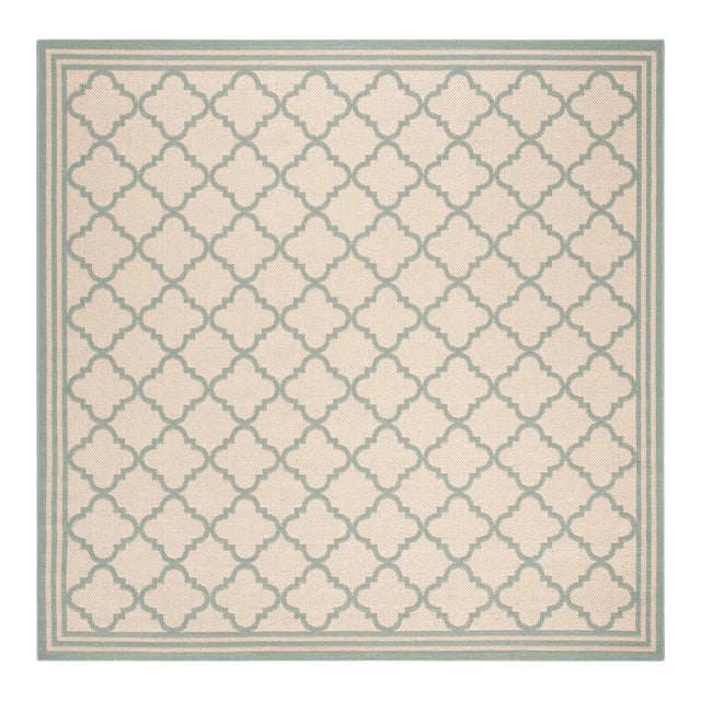 Sea Cottage Indoor Outdoor Rug Cream & Aqua 6'7" Square For Sale