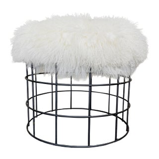 1960s Modern Wire Frame Ottoman With Faux Fur Upholstered Seat For Sale