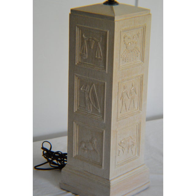 1970s Romweber Attribute Viking Oak White Washed Carved Zodiac Table Lamp For Sale - Image 9 of 9