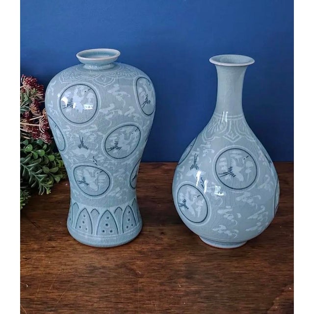 Green 1970’s Thousand Crane Celadon Vases Set of 2 For Sale - Image 8 of 18