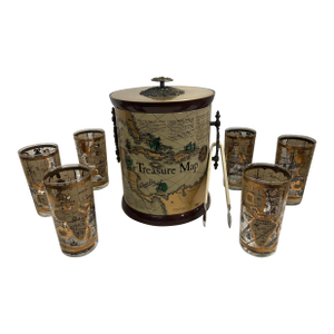 Mid-Century Cera 22kt Gold Leaf World Atlas Maps High Ball Glasses / Ice Bucket- 8 Pieces