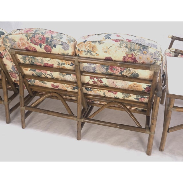 Ficks Reed Vogue Rattan Bamboo c1970s Sofa Matching Chair Pair of End Tables 5 Pcs Set Mint For Sale - Image 4 of 18