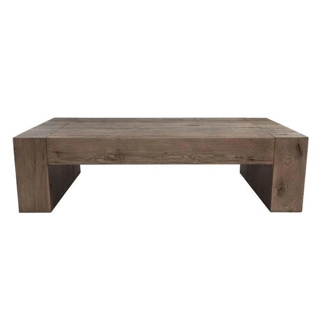 Rustic salvaged oak wood coffee table in modern block waterfall design. Minimalist yet lots of character with dovetail...