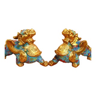 Late 19th Century Pair of Cloisonné Enamel Guardian Lion Figurines, 4890g Total, Gilt Bronze For Sale