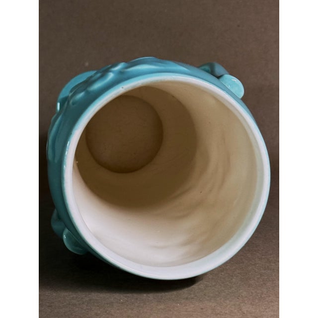 Mid-Century Modern 1940s 7.5 Inch Luster Green Floral Vase. Double-Handled Mid-Century Modern Period. For Sale - Image 3 of 6