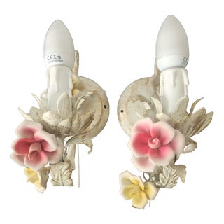 Vintage Wall Lamp with Floral Porcelain Elements, 1960s, Set of 2 For Sale