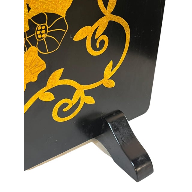 1980’s Art Deco Revival Asian Black and Gold Lacquer Room Divider Fire Screen For Sale - Image 6 of 18